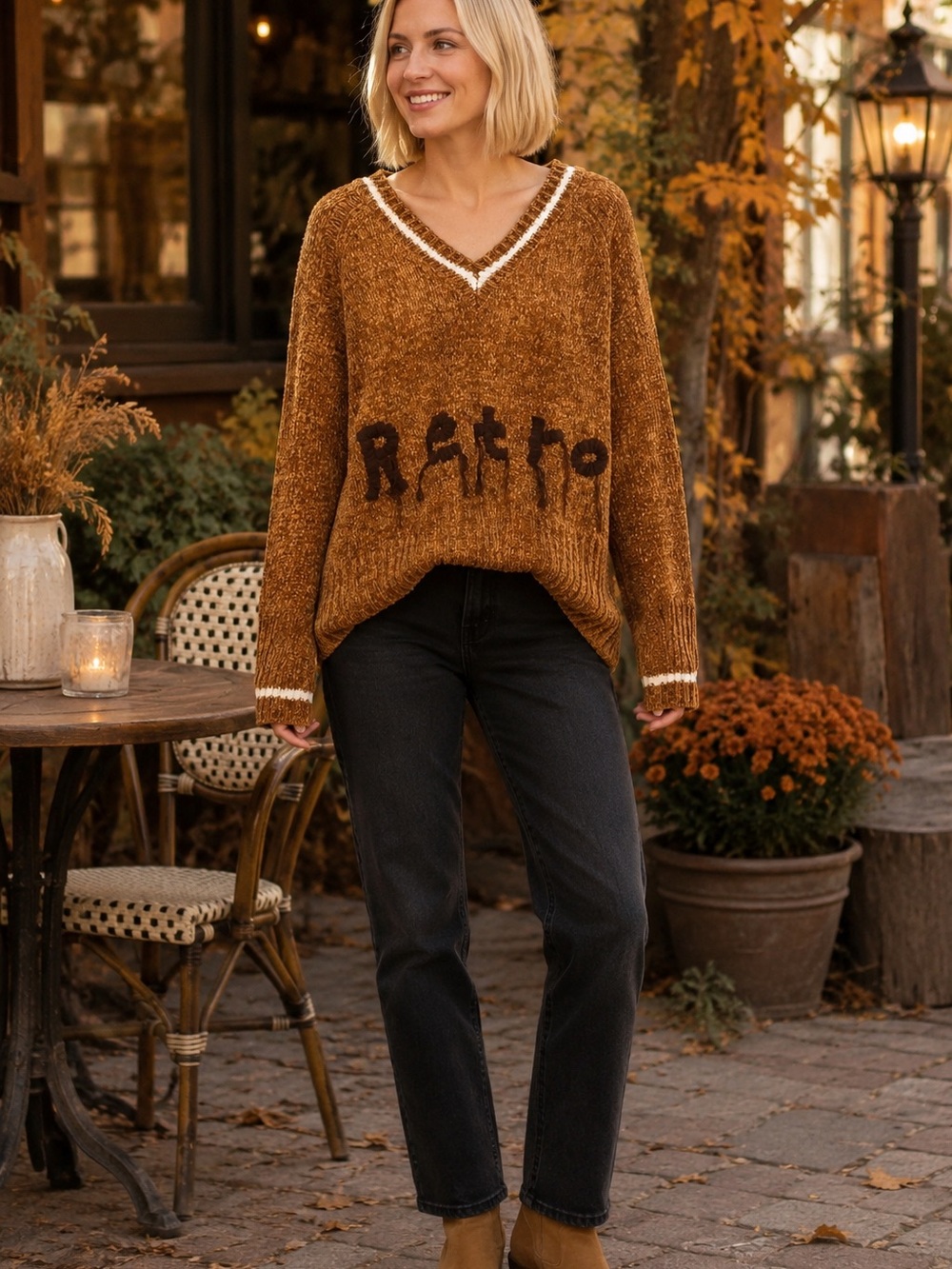 POL Rust Brown V-Neck Chenille Sweater with White Trim and Knit Lettering